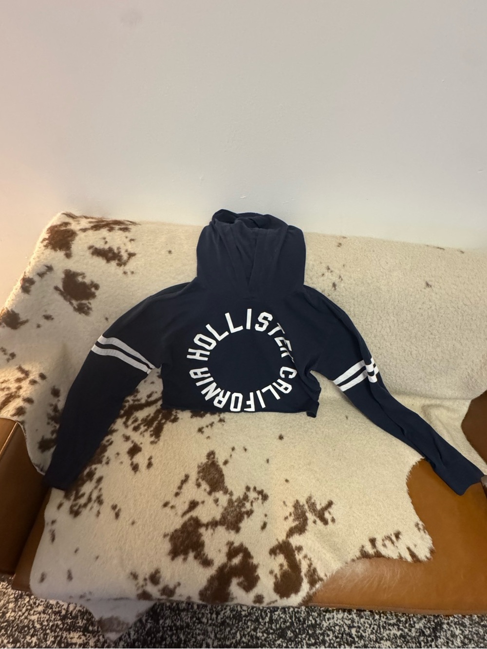 Hollister Navy Blue Cropped Hoodie with White Logo
